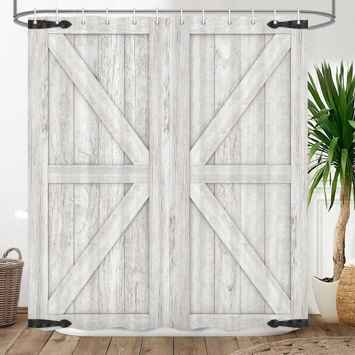 Barn Door Shower Curtain, Rustic Vintage Farmhouse Design Western Shower Curtain Country Barn Door Bath Curtains with Hooks, 72X72 Inch, Beige