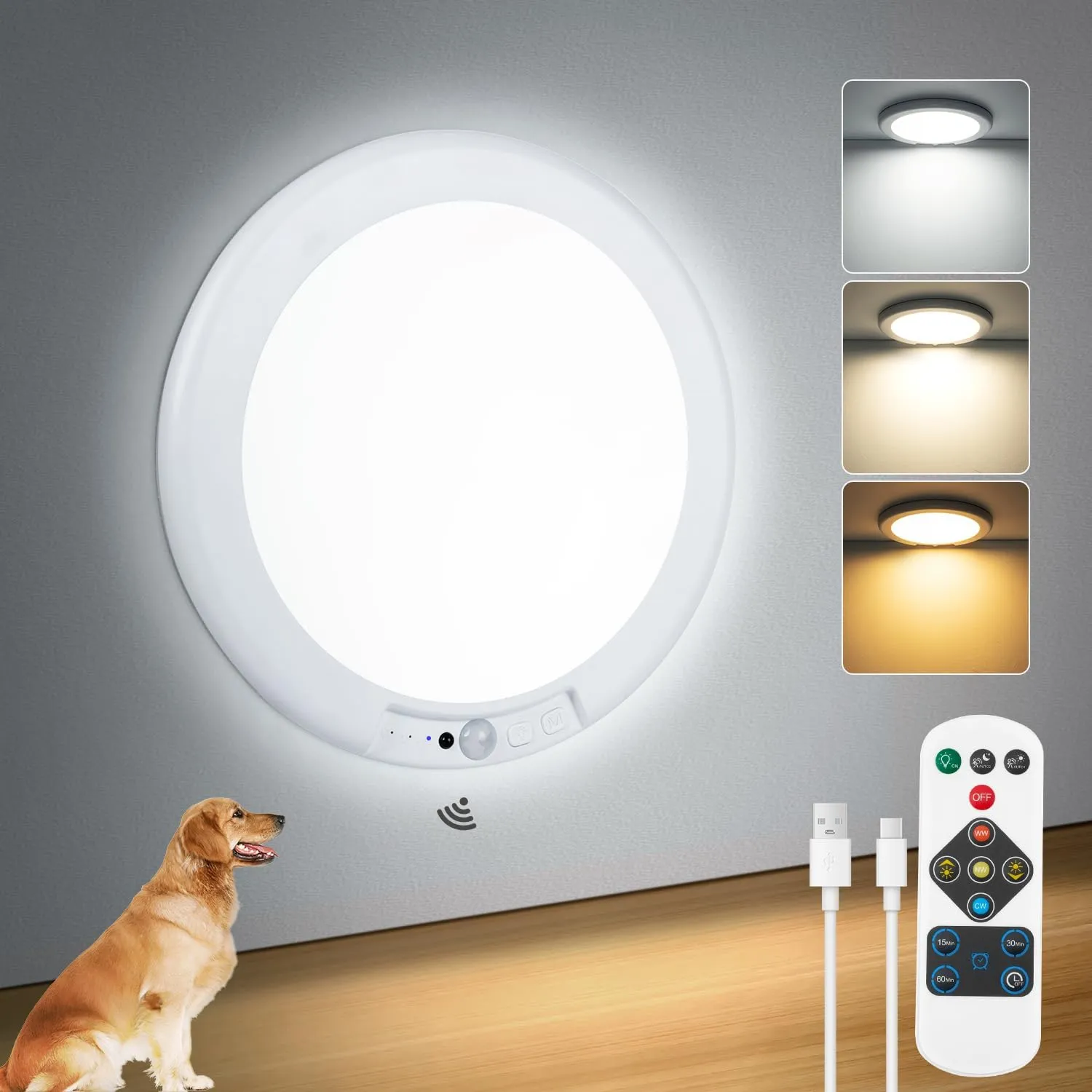 Battery Operated Ceiling Light with Remote, 7.48" Rechargeable Shower Light Waterproof, Wireless Motion Sensor Ceiling Lights Indoor 3000K/4500K/6500K Dimmable for Bathroom Living Room Closet