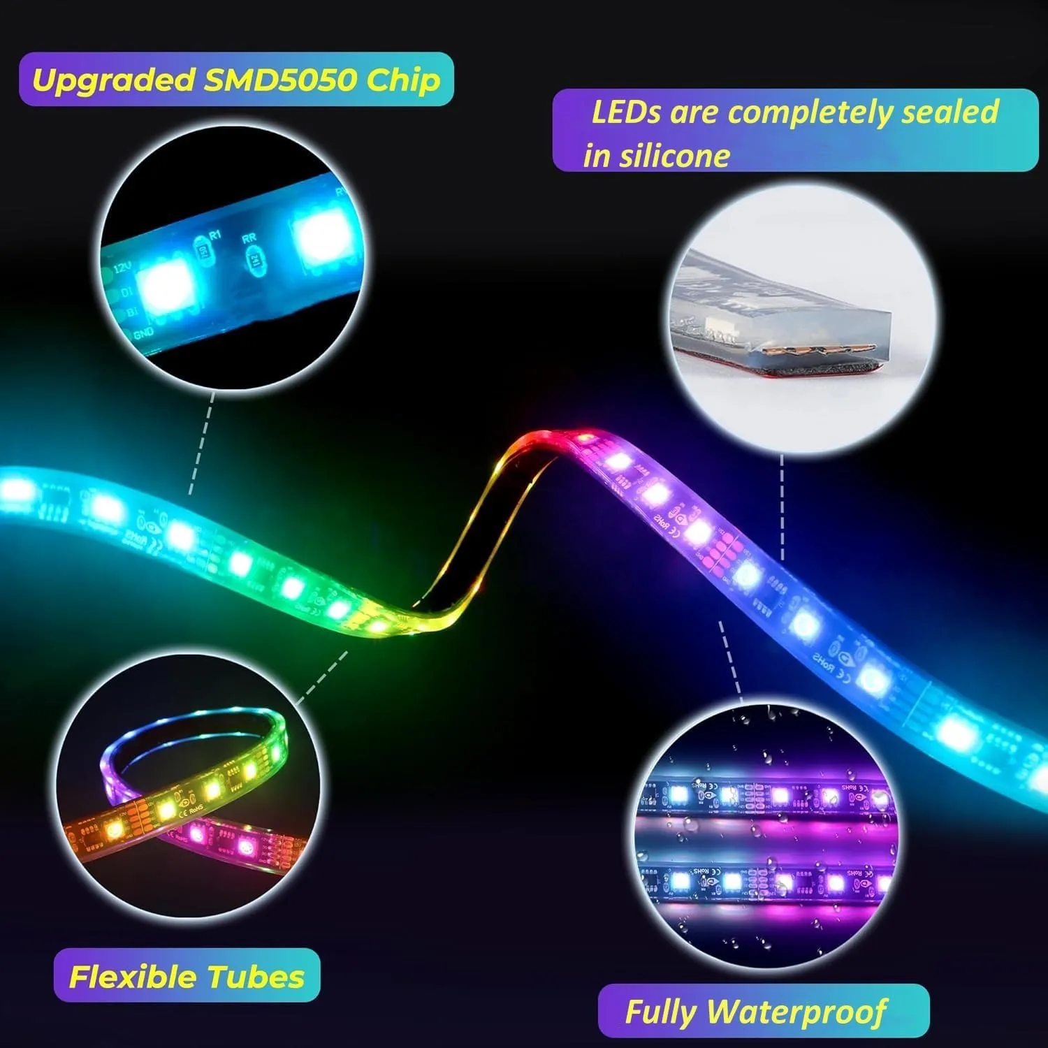 Battery Operated Marine Submersible Boat Lights Strip, 2 Pcs 4FT 9V IP68 RGB Kayak Paddleboard Lights, Boat Interior Deck Courtesy Light for Fishing Golf Cart, Bathroom Shower Bathtub Spa Vanity Light