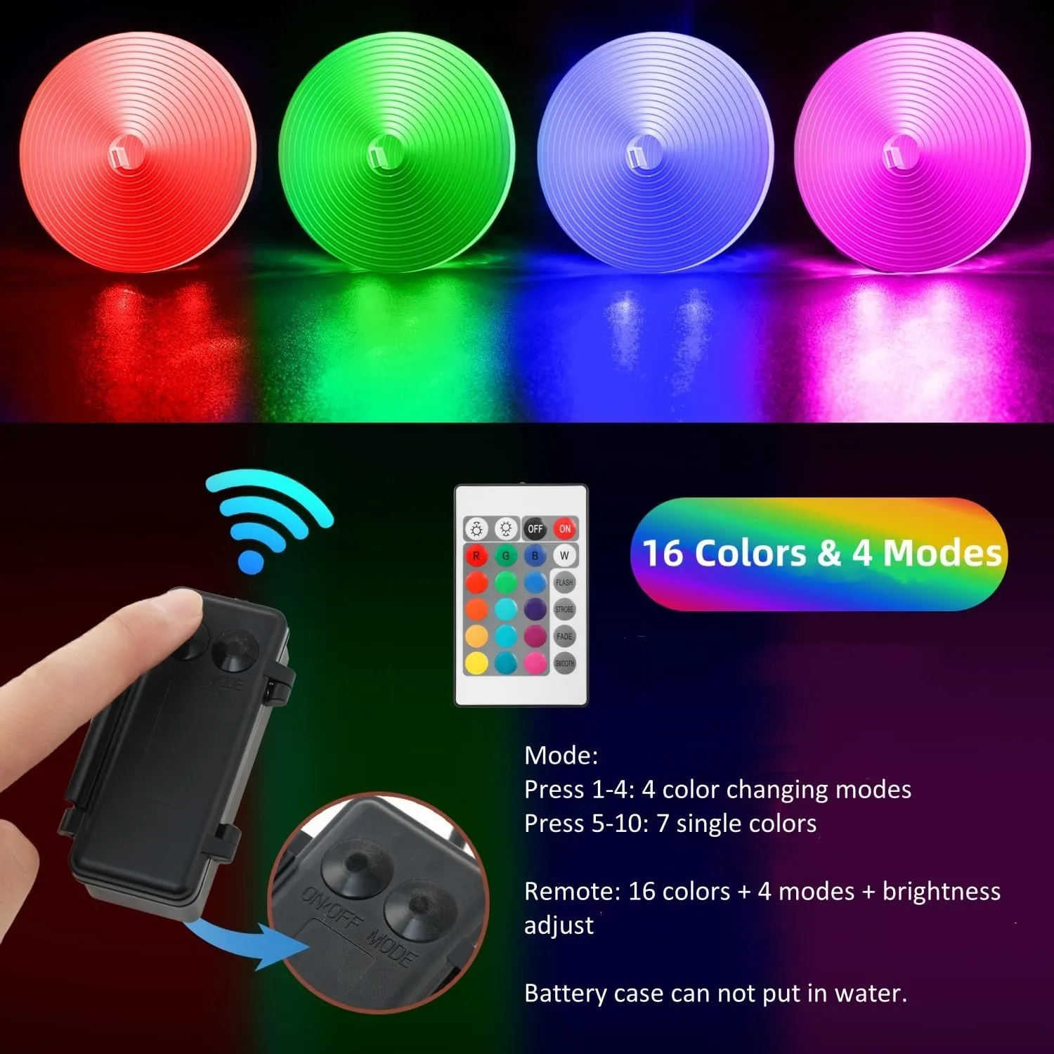 Battery Operated Marine Submersible Boat Lights Strip, 2 Pcs 4FT 9V IP68 RGB Kayak Paddleboard Lights, Boat Interior Deck Courtesy Light for Fishing Golf Cart, Bathroom Shower Bathtub Spa Vanity Light