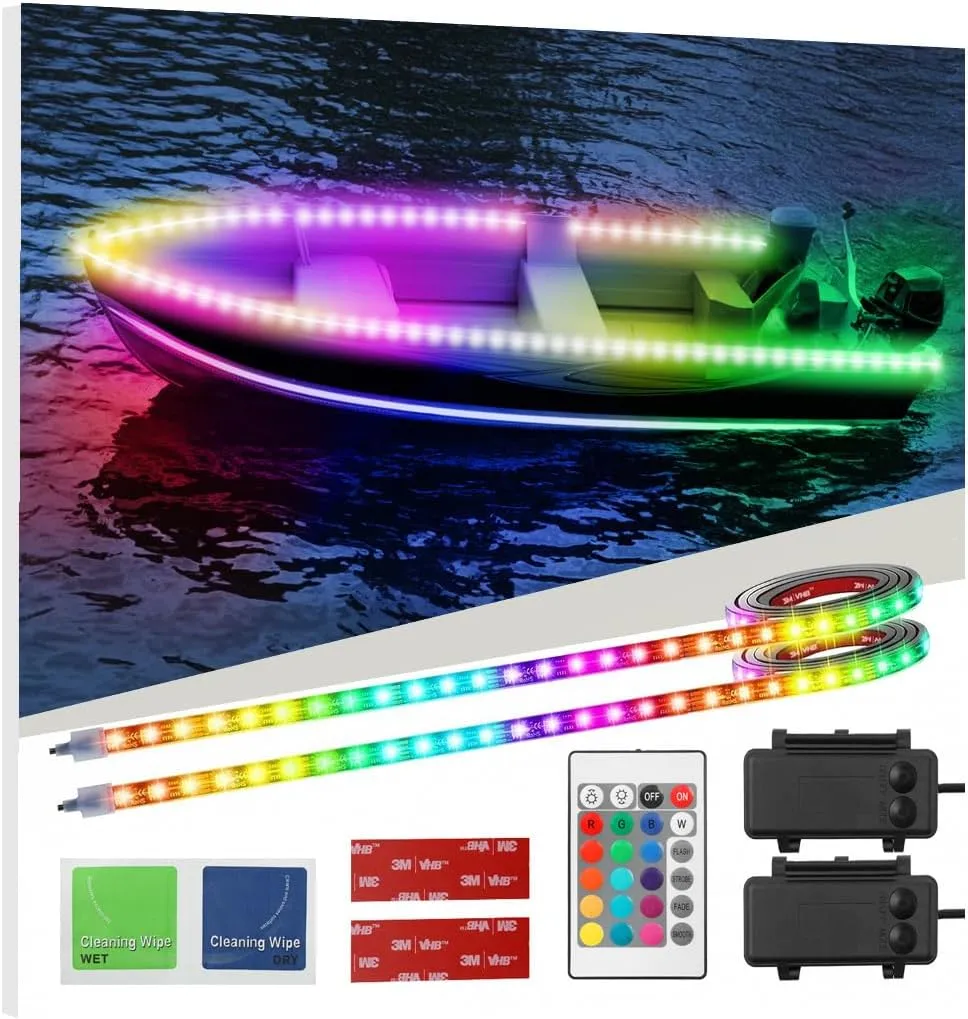 Battery Operated Marine Submersible Boat Lights Strip, 2 Pcs 4FT 9V IP68 RGB Kayak Paddleboard Lights, Boat Interior Deck Courtesy Light for Fishing Golf Cart, Bathroom Shower Bathtub Spa Vanity Light