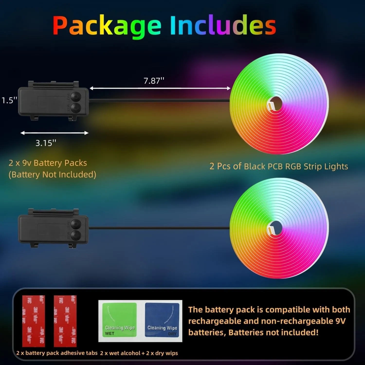 Battery Operated Marine Submersible Boat Lights Strip, 2 Pcs 4FT 9V IP68 RGB Kayak Paddleboard Lights, Boat Interior Deck Courtesy Light for Fishing Golf Cart, Bathroom Shower Bathtub Spa Vanity Light