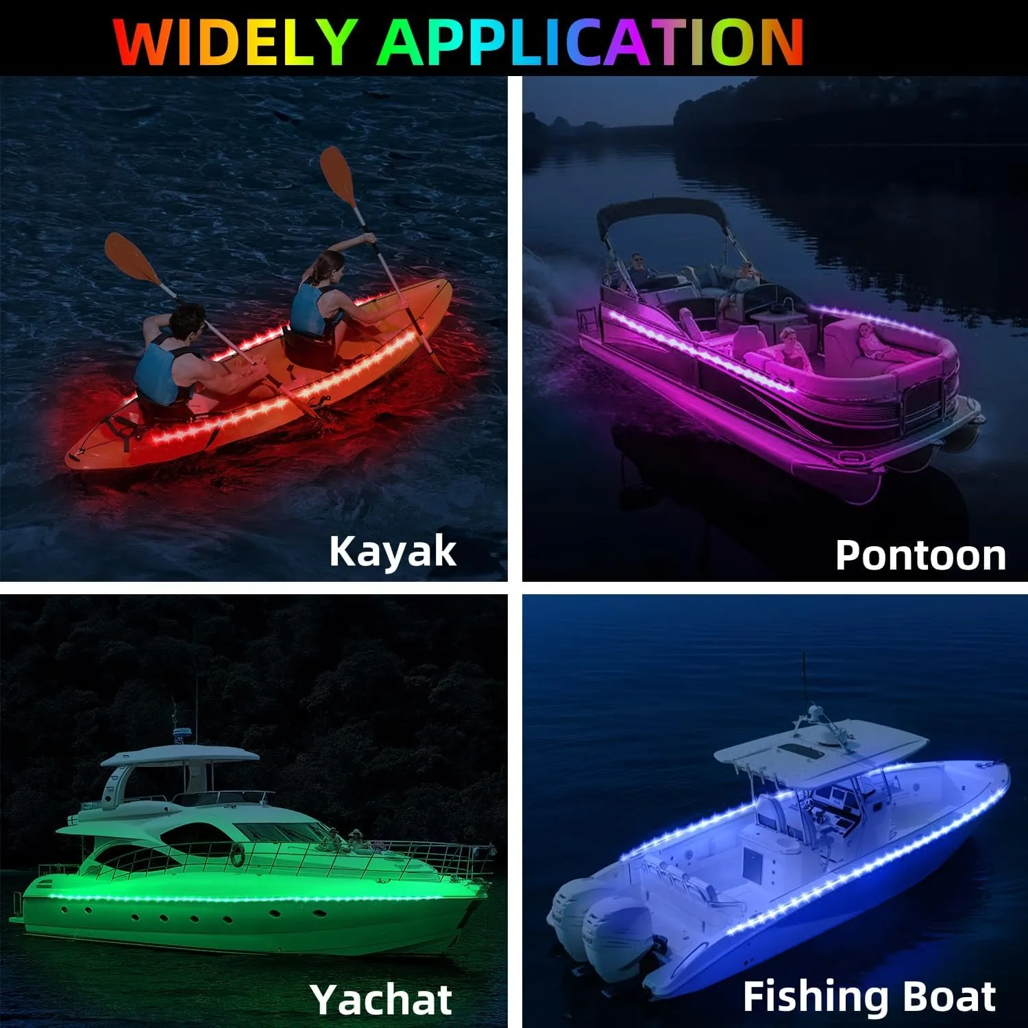 Battery Operated Marine Submersible Boat Lights Strip, 2 Pcs 4FT 9V IP68 RGB Kayak Paddleboard Lights, Boat Interior Deck Courtesy Light for Fishing Golf Cart, Bathroom Shower Bathtub Spa Vanity Light