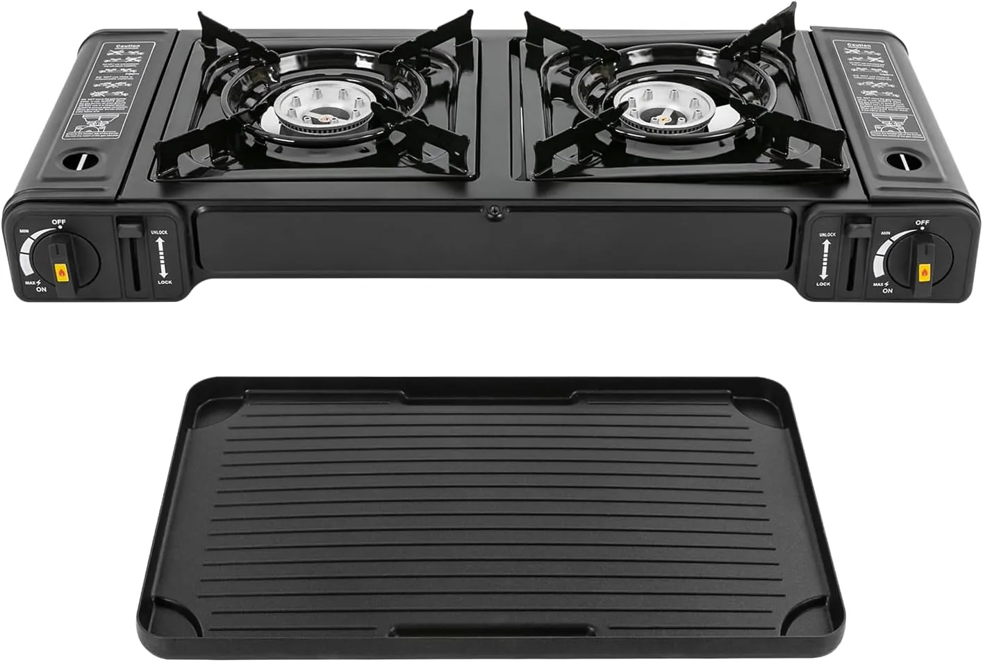 BDZ-180A, Portable Butane Camping Stove, 2 Burners Camping Stove with Non-sticking Coating Grill Tray & Storage Case, Automatic Piezo Ignition Stove for Camping, Picnics, BBQ