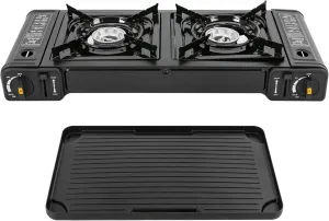 BDZ-180A, Portable Butane Camping Stove, 2 Burners Camping Stove with Non-sticking Coating Grill Tray & Storage Case, Automatic Piezo Ignition Stove for Camping, Picnics, BBQ