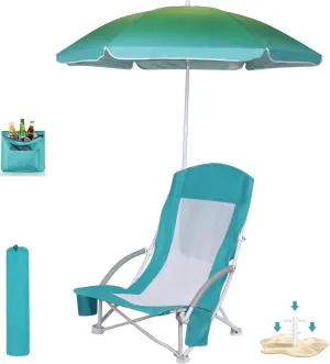 Beach Chair Beach Folding Chair for Adults Camping Chair High Back with Umbrella and Cooler Bag, Huge Shade, Portable & Lightweight for Beach, Outdoor, Camping (1, Bright Green w/Hint Blue)