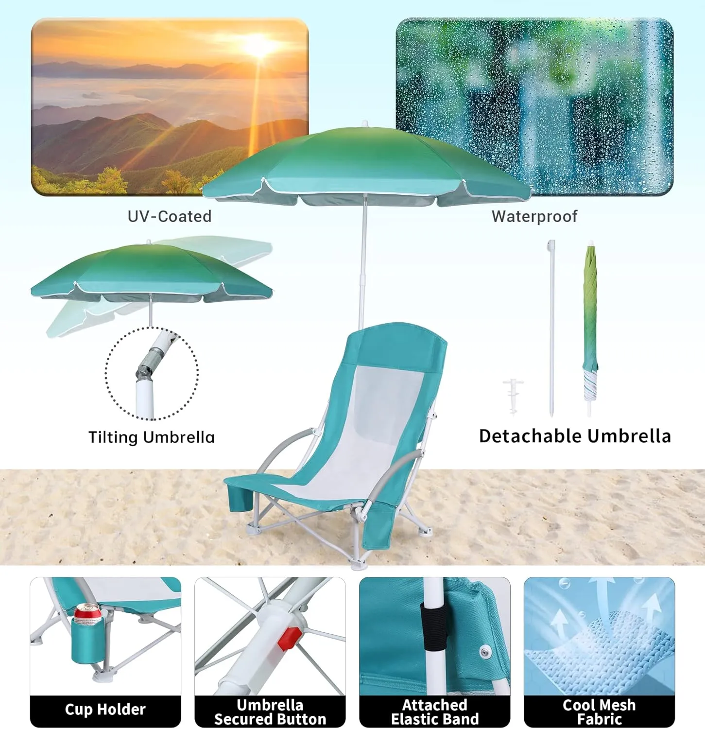 Beach Chair Beach Folding Chair for Adults Camping Chair High Back with Umbrella and Cooler Bag, Huge Shade, Portable & Lightweight for Beach, Outdoor, Camping (1, Bright Green w/Hint Blue)