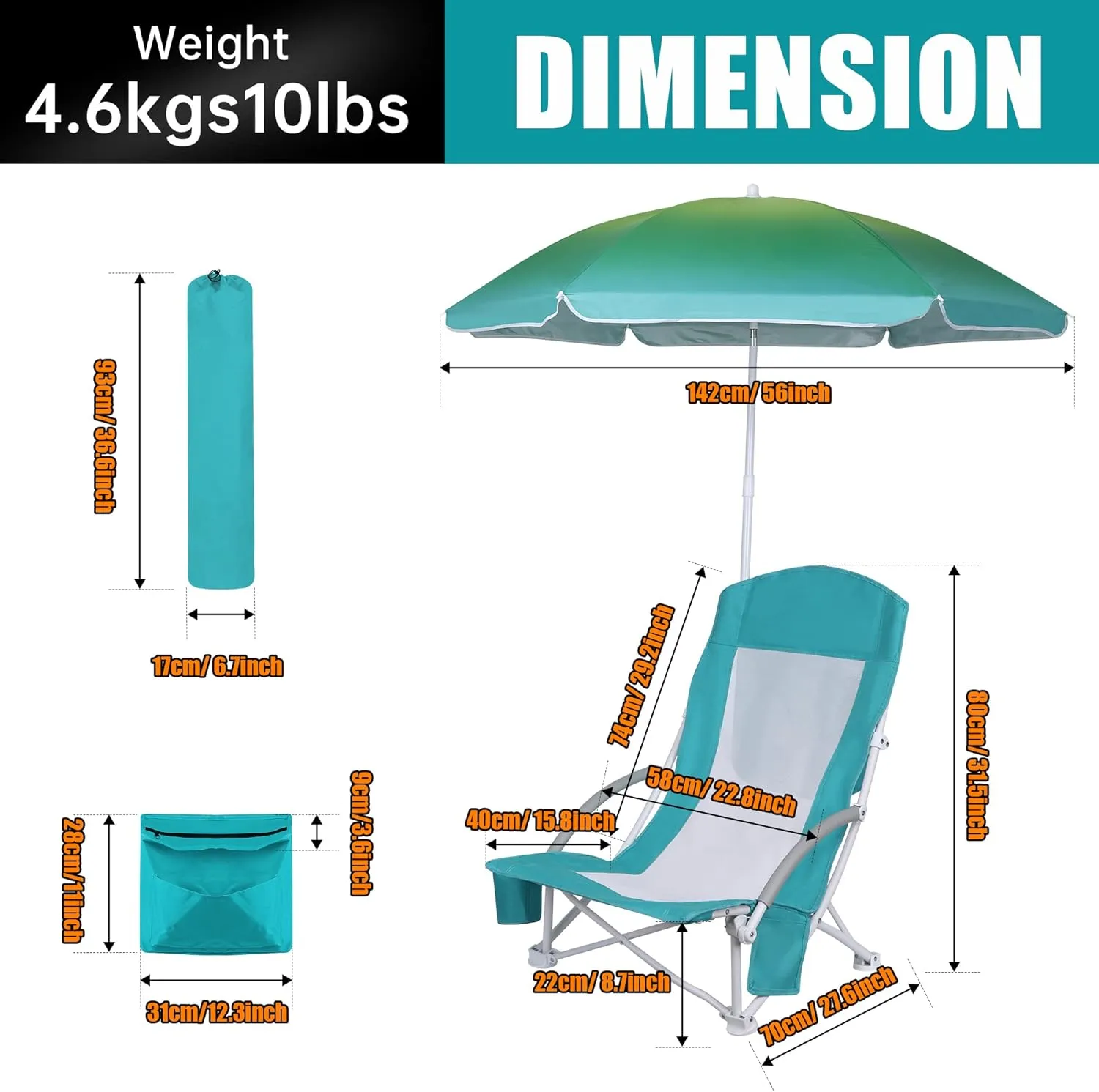 Beach Chair Beach Folding Chair for Adults Camping Chair High Back with Umbrella and Cooler Bag, Huge Shade, Portable & Lightweight for Beach, Outdoor, Camping (1, Bright Green w/Hint Blue)