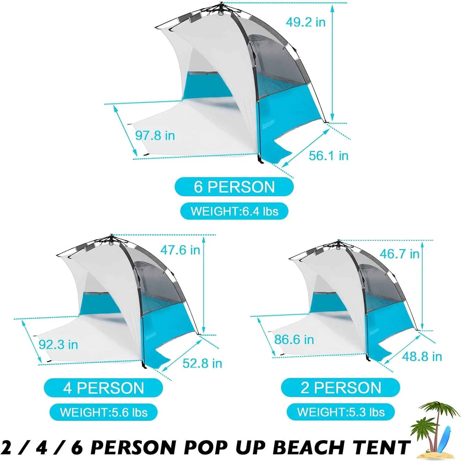 Beach Tent Pop Up Shade, Instant Beach Tents Sun Shelter with UPF 50  UV Protection, Lightweight & Easy Setup Tent 2-6 Person