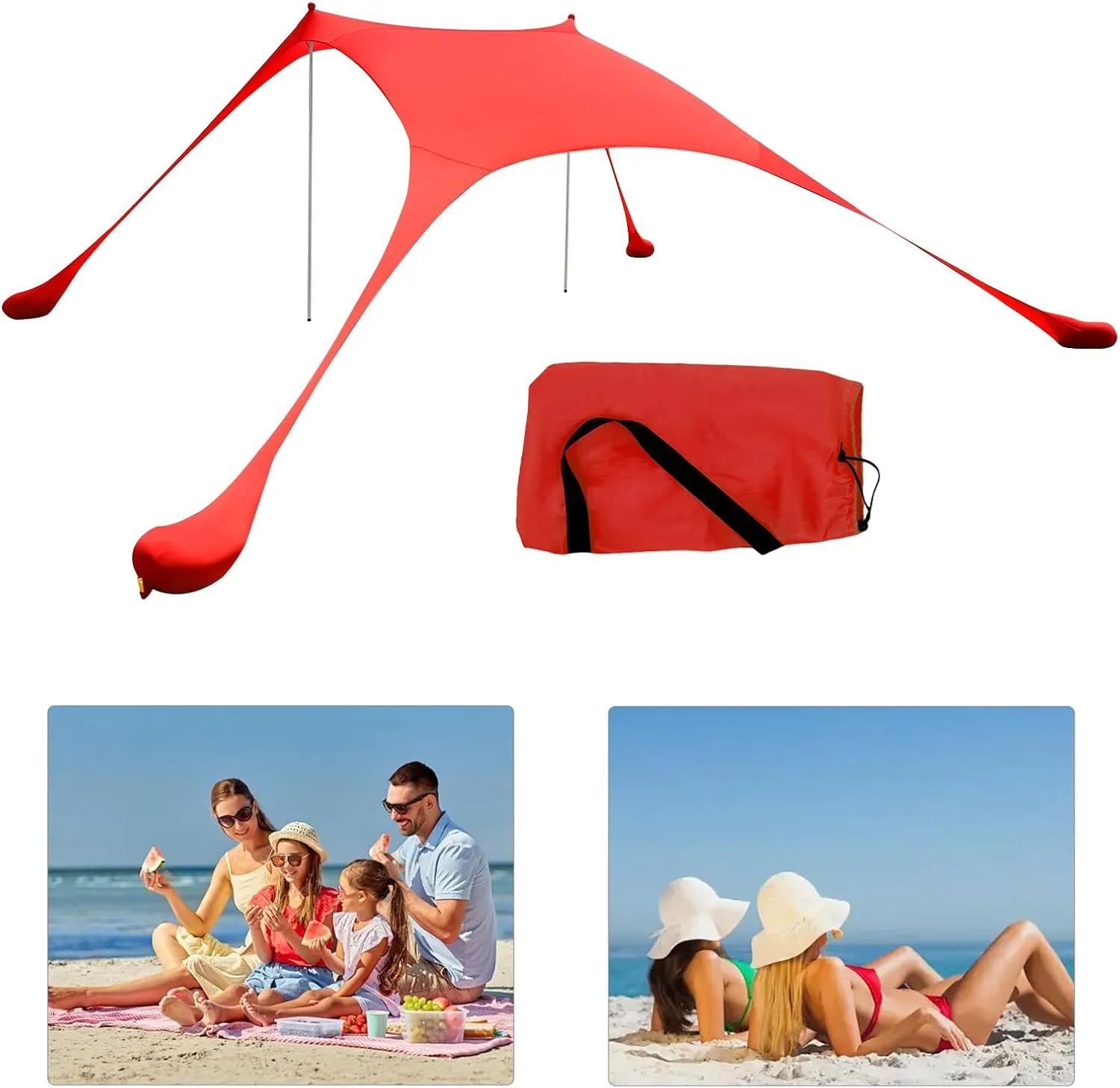 Beach Tent Sun Shelter Beach Canopy Tent w/Sand Shovel & Storage Bag, Portable Outdoor Beach Shade Canopy for Camping, Fishing, Backyard, Picnic (6.56 * 5.25ft Red)
