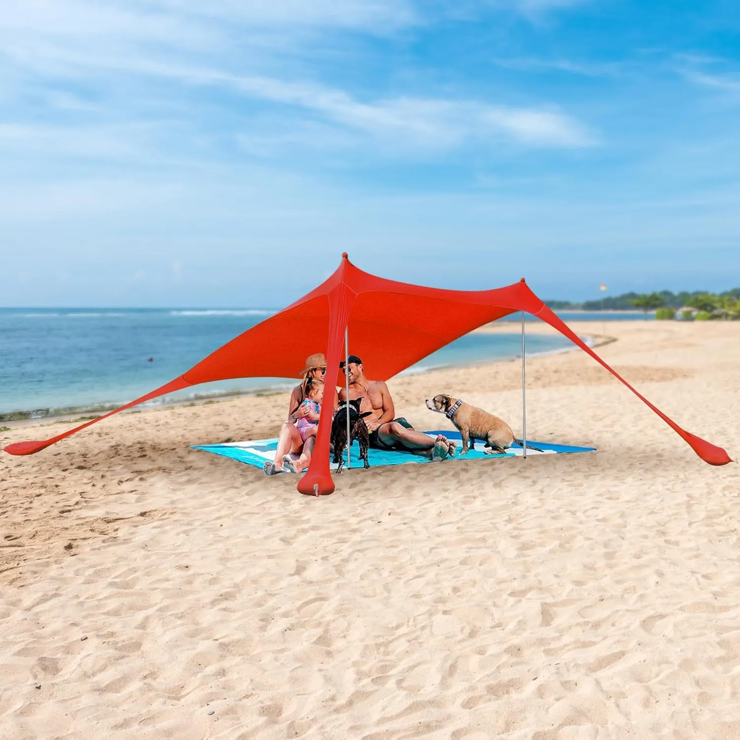 Beach Tent Sun Shelter Beach Canopy Tent w/Sand Shovel & Storage Bag, Portable Outdoor Beach Shade Canopy for Camping, Fishing, Backyard, Picnic (6.56 * 5.25ft Red)
