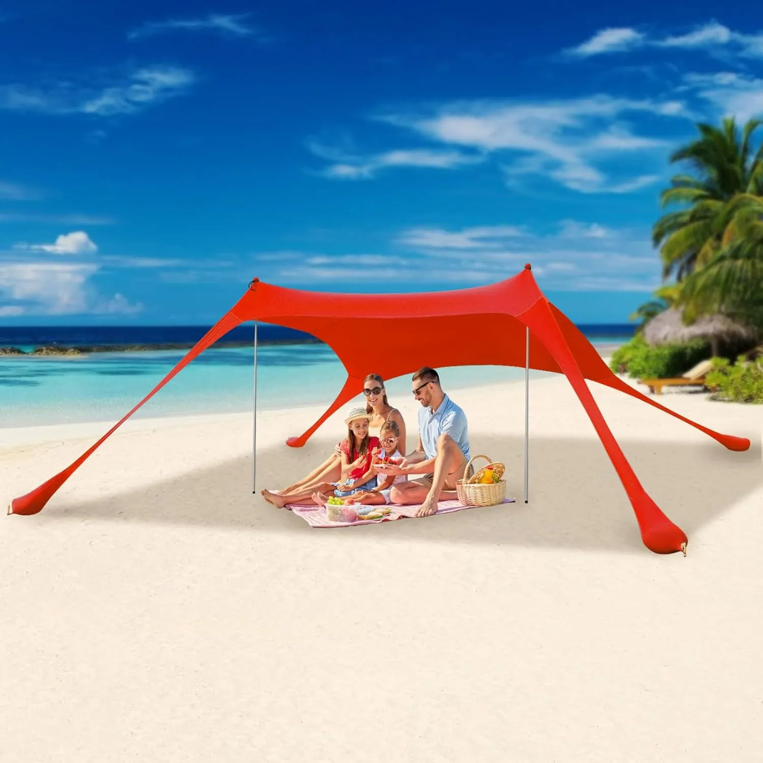 Beach Tent Sun Shelter Beach Canopy Tent w/Sand Shovel & Storage Bag, Portable Outdoor Beach Shade Canopy for Camping, Fishing, Backyard, Picnic (6.56 * 5.25ft Red)