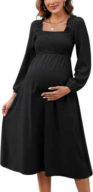 BeautyNee Womens Maternity Dress for Photoshoot Baby Shower Flutter Strap Sleeve Square Neck Smocked Maxi Boho Dress