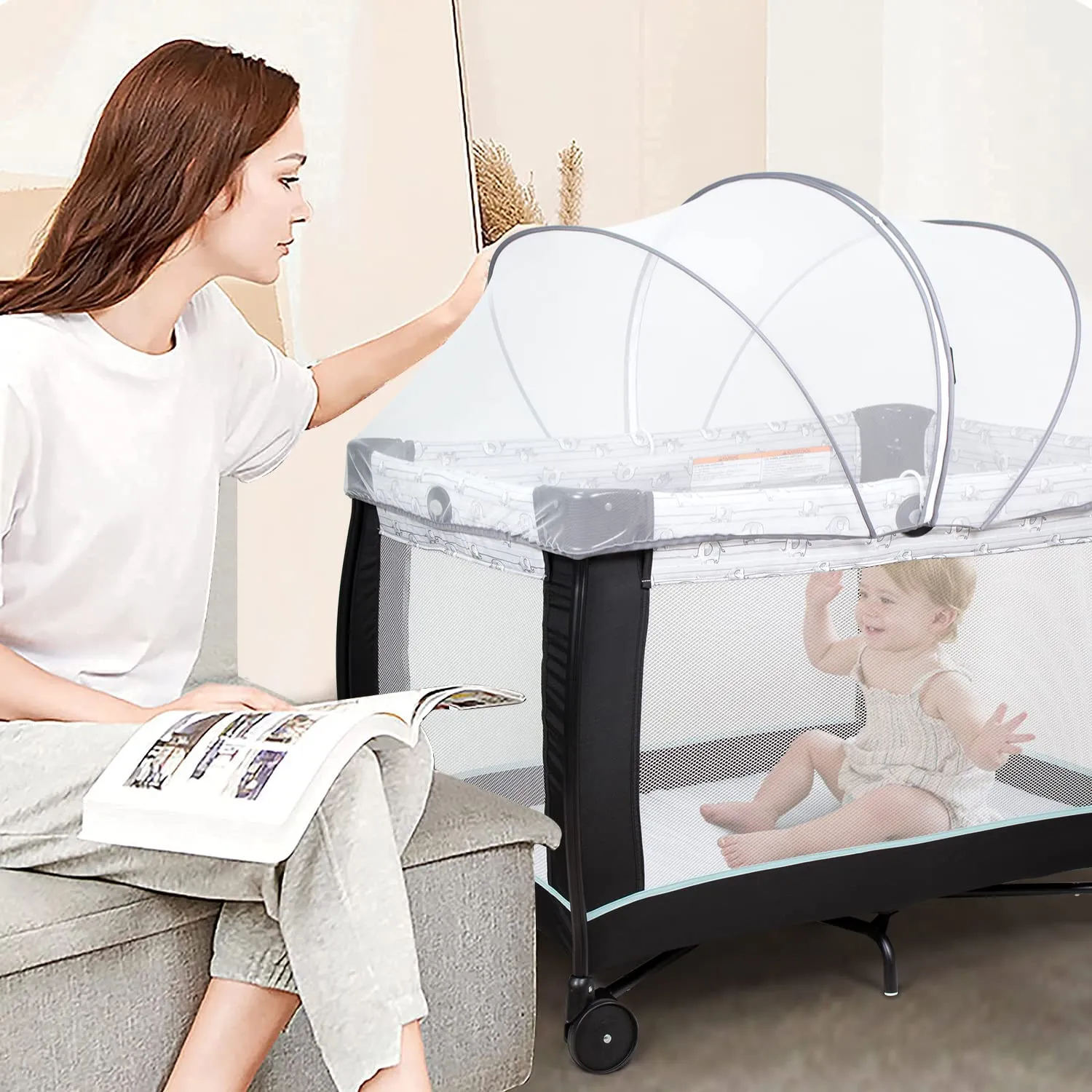 Beberoad Love Pack N Play Tent Cover Playpen Mosquito Net Cover with 2-Way Zipper for Travel Crib/Playard (White)