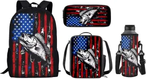 Belidome American Flag Bass Fish Backpack for School Teens Kids Bookbag for Girls Boys with Lunch Bag Water Bottle Holder Pencil Case, USA Patriotic Fourth of July Independence Day Gifts