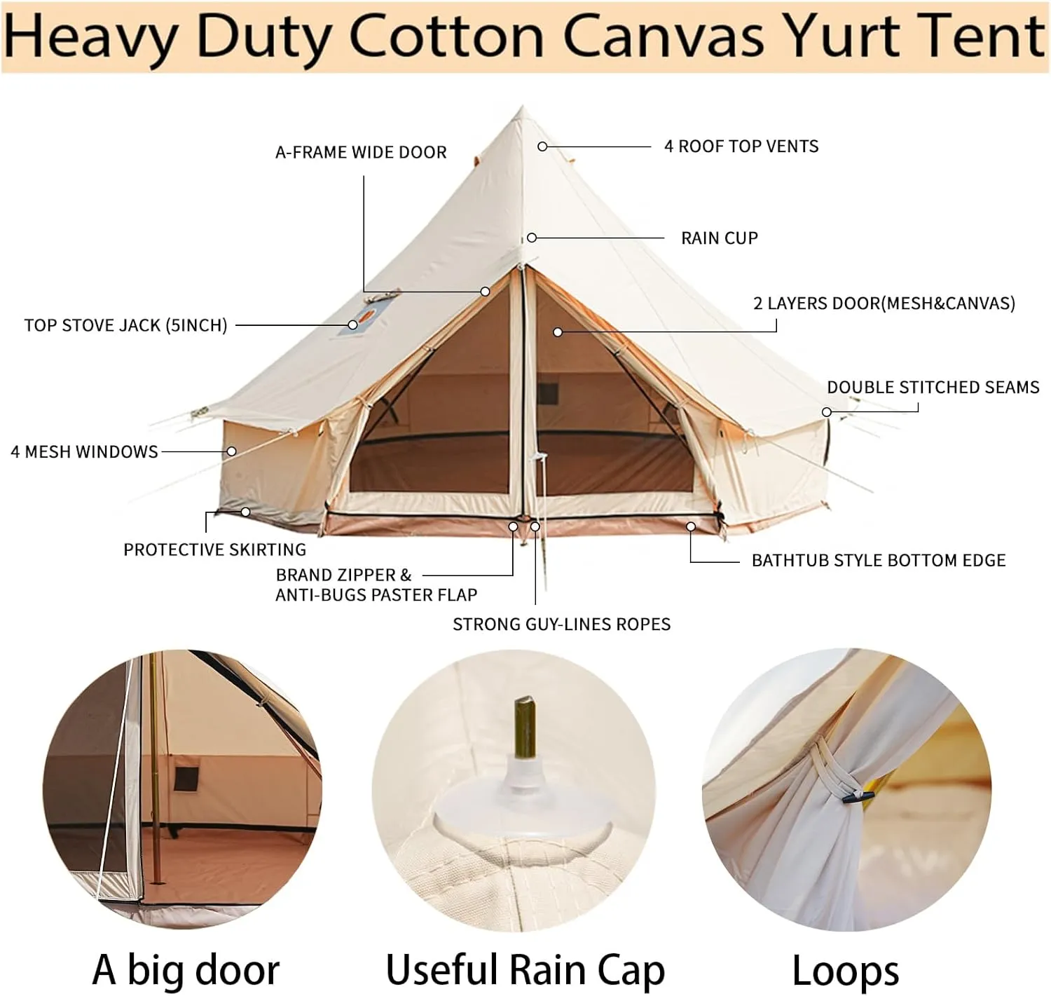 Bell Tent,4 Seasons Breathable 100% Cotton Canvas Yurt Tent - w/Stove Jack,Luxury Camping Tent Outdoor,Zipped Removable Floor