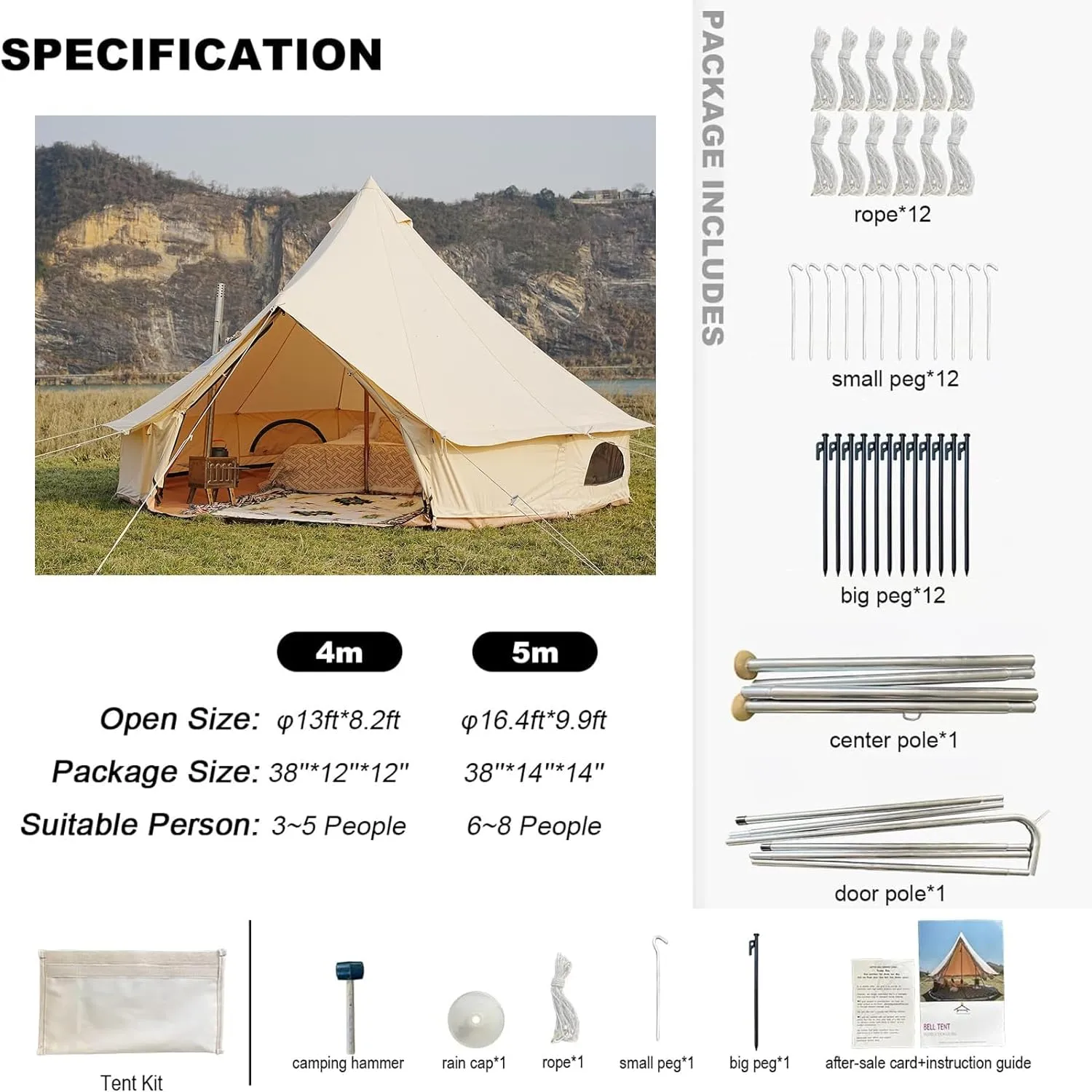 Bell Tent,4 Seasons Breathable 100% Cotton Canvas Yurt Tent - w/Stove Jack,Luxury Camping Tent Outdoor,Zipped Removable Floor