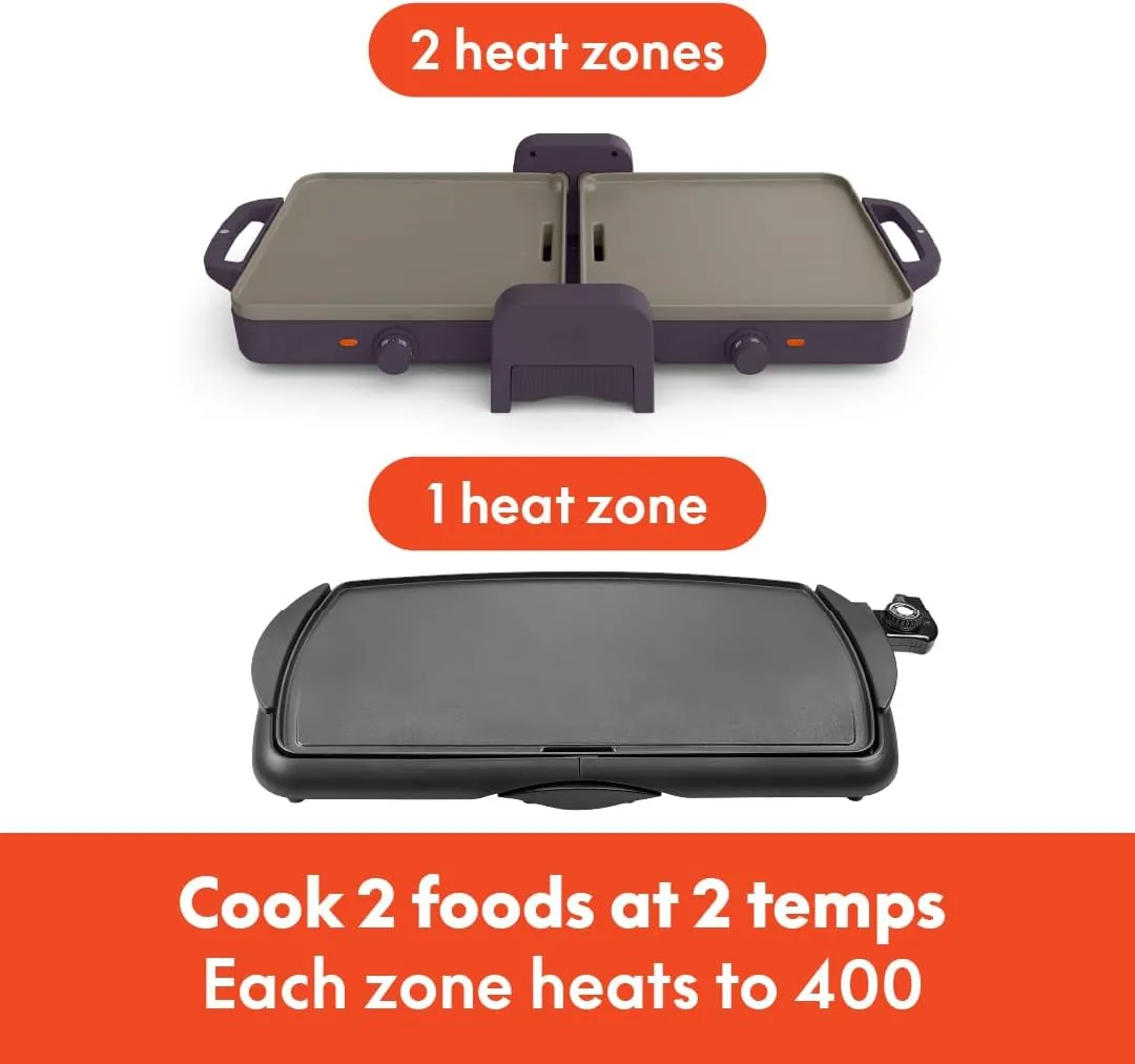 bella 10"x 20" Ceramic Fold-n-Store Dual Temp Griddle, Fits-anywhere Kitchenware, EverGood Ceramic Nonstick Coating, 2 Temperature Zones up to 400°F​, Dishwasher Safe Drip Tray, 1500 Watt, Plum