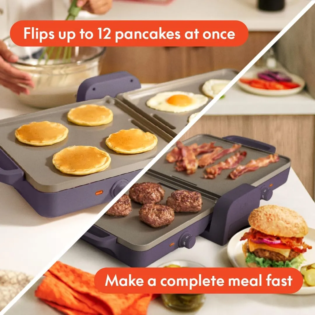 bella 10"x 20" Ceramic Fold-n-Store Dual Temp Griddle, Fits-anywhere Kitchenware, EverGood Ceramic Nonstick Coating, 2 Temperature Zones up to 400°F​, Dishwasher Safe Drip Tray, 1500 Watt, Plum