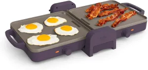bella 10"x 20" Ceramic Fold-n-Store Dual Temp Griddle, Fits-anywhere Kitchenware, EverGood Ceramic Nonstick Coating, 2 Temperature Zones up to 400°F​, Dishwasher Safe Drip Tray, 1500 Watt, Plum