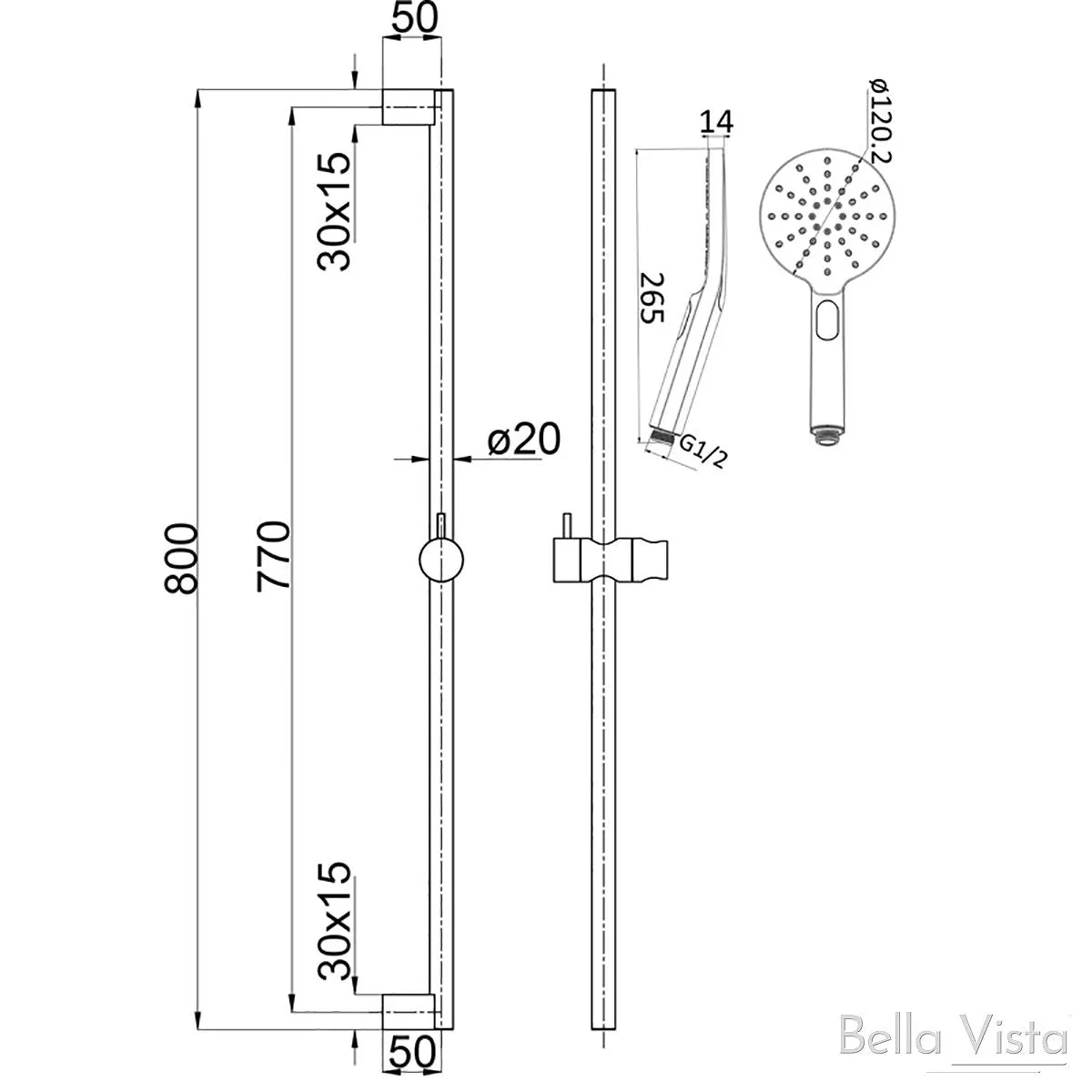 Bella Vista Shower Rail - Round Matte Black