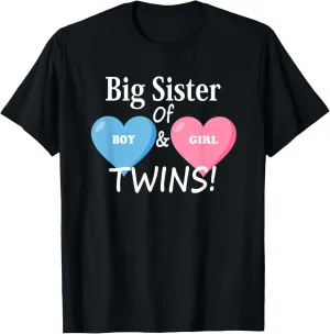Big Sister of Boy Girl Twins Sibling Heart Graphic Design T-Shirt