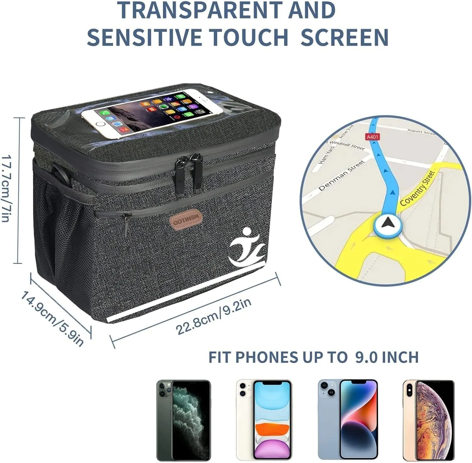 Bike Basket front Bag, Bicycle Insulated Handlebar Bag with Touch Screen Phone Holder Frame Tube Bag 5L Storage Bag Keep Cooling with Mesh Pockets for Riding Picnic Camping