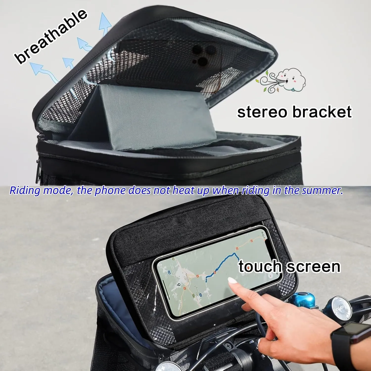 Bike Basket front Bag, Bicycle Insulated Handlebar Bag with Touch Screen Phone Holder Frame Tube Bag 5L Storage Bag Keep Cooling with Mesh Pockets for Riding Picnic Camping