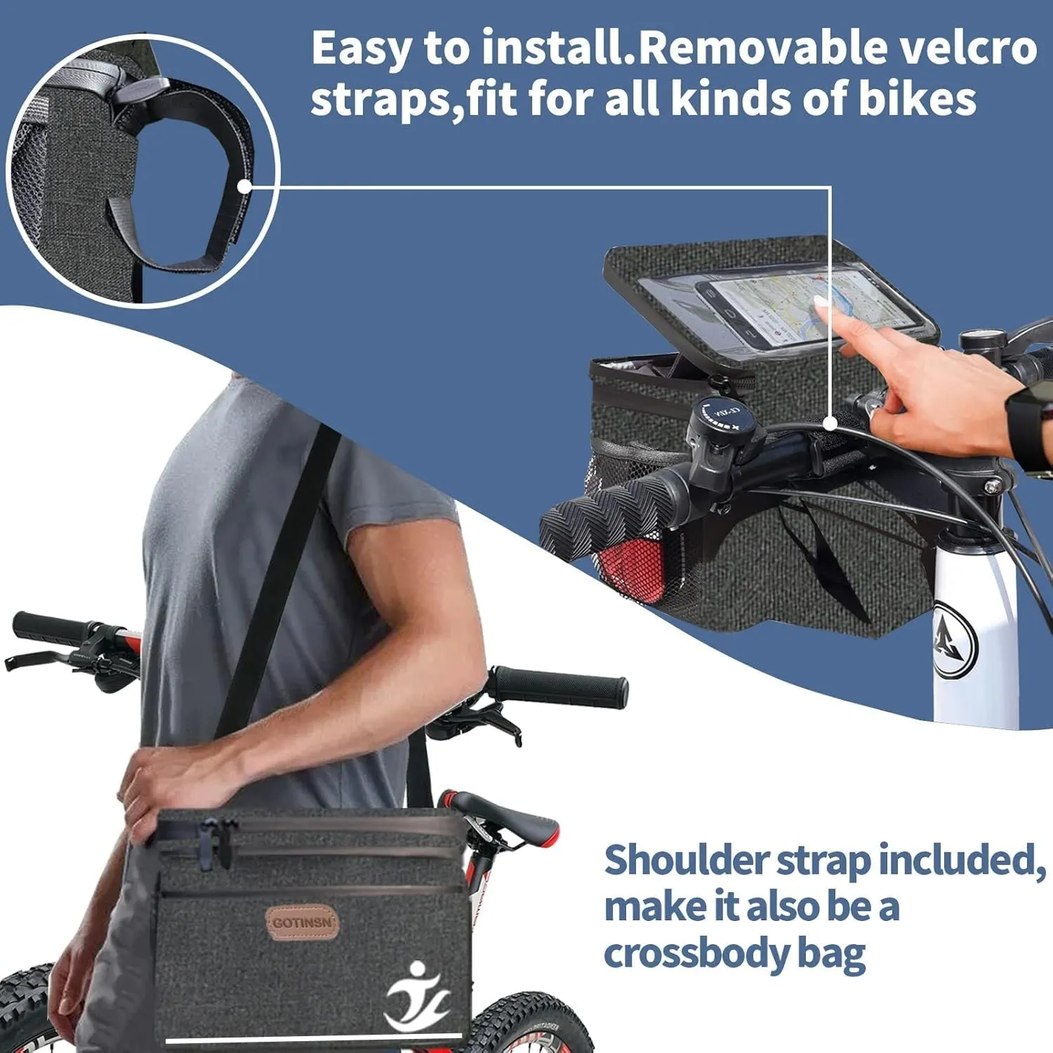 Bike Basket front Bag, Bicycle Insulated Handlebar Bag with Touch Screen Phone Holder Frame Tube Bag 5L Storage Bag Keep Cooling with Mesh Pockets for Riding Picnic Camping