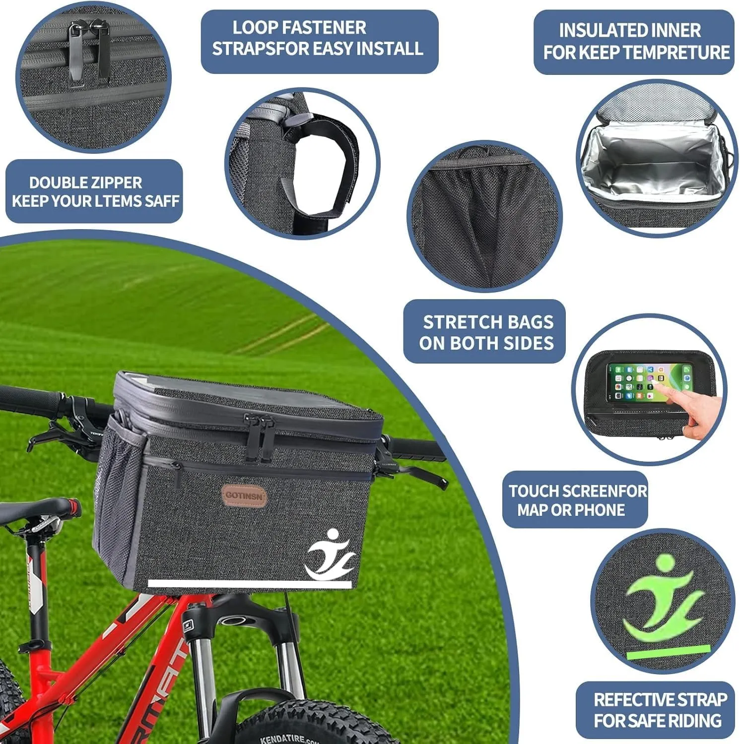 Bike Basket front Bag, Bicycle Insulated Handlebar Bag with Touch Screen Phone Holder Frame Tube Bag 5L Storage Bag Keep Cooling with Mesh Pockets for Riding Picnic Camping