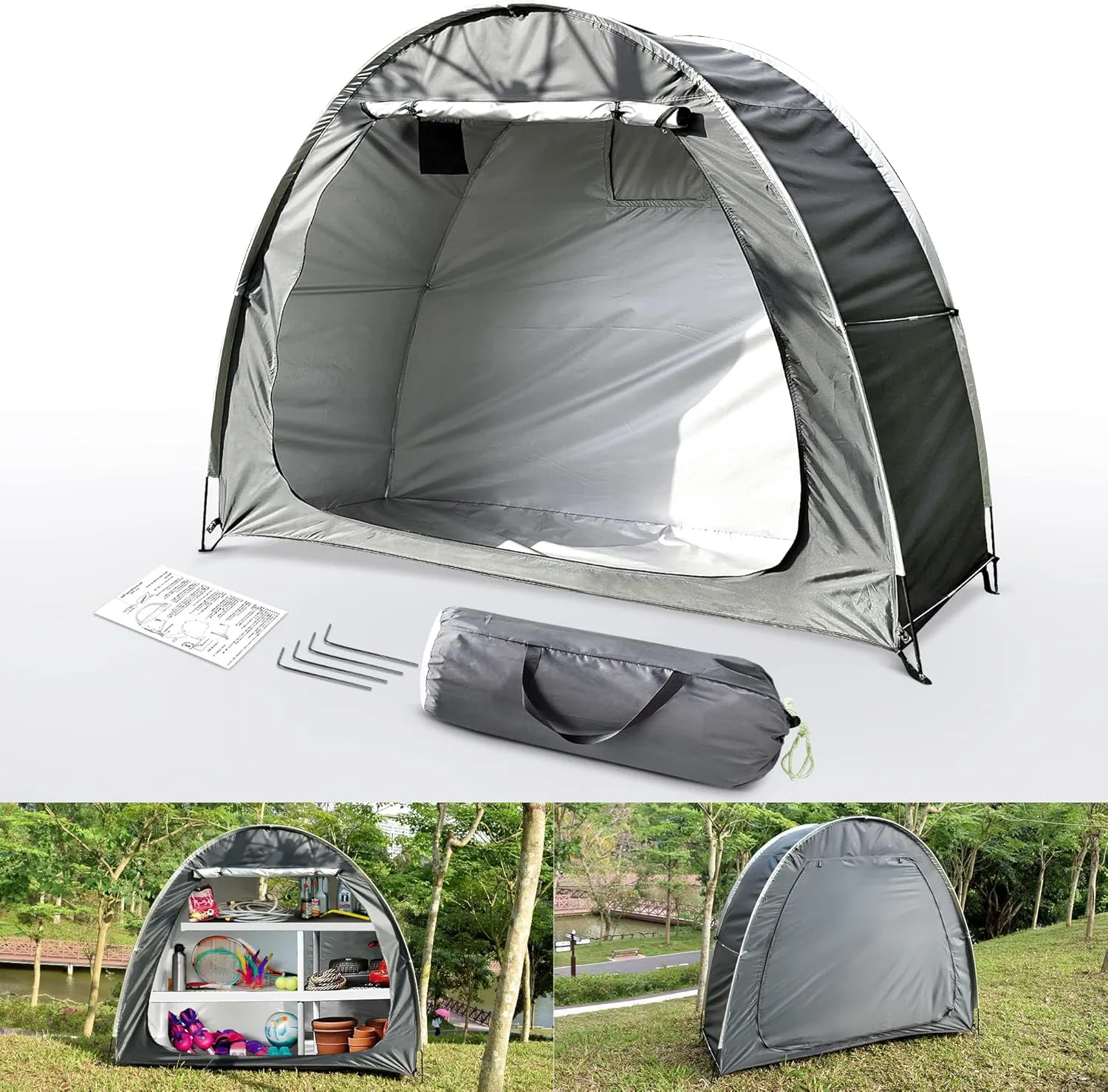 Bike Storage Tent, Anti-Dust Waterproof Bicycle Tent, Portable Bike Storage Tent for 3-4 Bikes, Foldable Bike Shelter for Garden, Camping, Outdoor - Grayish Green