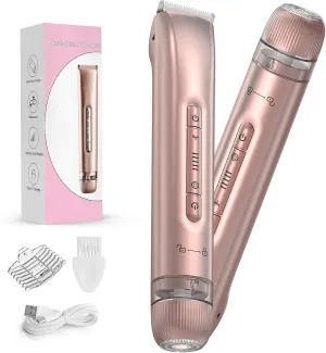 Bikini Trimmer for Women - 2 in 1 Electric Body Hair Trimmer for Silk Skin,Cordless Body Shaver for Trip,IPX7 Waterproof&Easy Cleaning, Replaceable Ceramic Blade Heads, USB Recharge Dock,Rose Gold