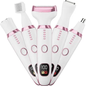 Bikini Trimmer for Women, 5 in 1 Electric Razors for Shaving, Waterproof Rechargeable Pubic Hair Trimmer with LED Display, Pink