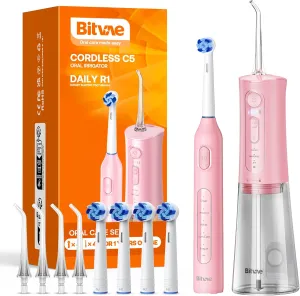 Bitvae Water Dental Flosser Teeth Picks, Cordless Water Flosser for Teeth, Braces, Dental Care and Rechargeable Rotary Electric Toothbrush Combo Set, 4 Tips, 4 Brush Heads, Waterproof, Pink, C5 R1