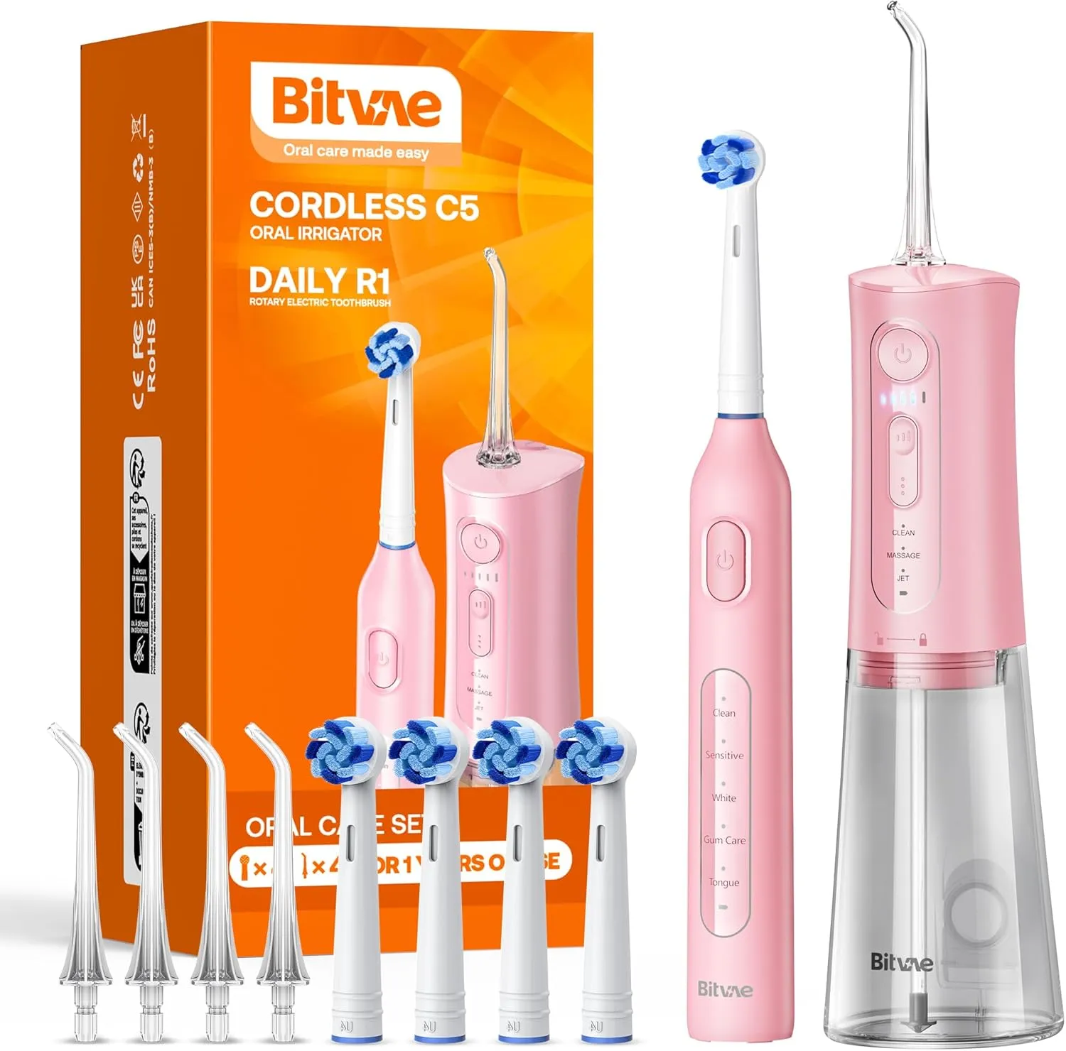 Bitvae Water Dental Flosser Teeth Picks, Cordless Water Flosser for Teeth, Braces, Dental Care and Rechargeable Rotary Electric Toothbrush Combo Set, 4 Tips, 4 Brush Heads, Waterproof, Pink, C5 R1