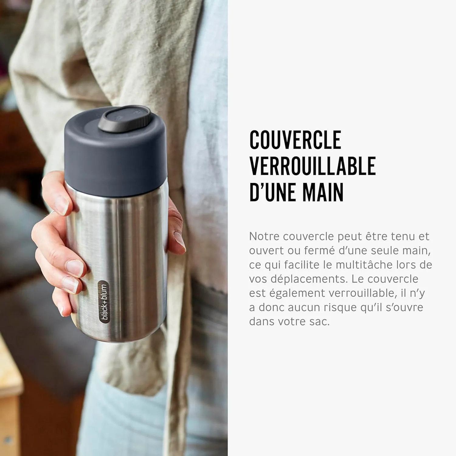 BLACK   BLUM - Travel Cup - 18/8 Stainless Steel Thermal Insulated Travel Coffee Cup with Leak Proof, Lockable Lid - Keeps Hot for 4 hrs, Cold for 8 hrs, Slate - 340ml