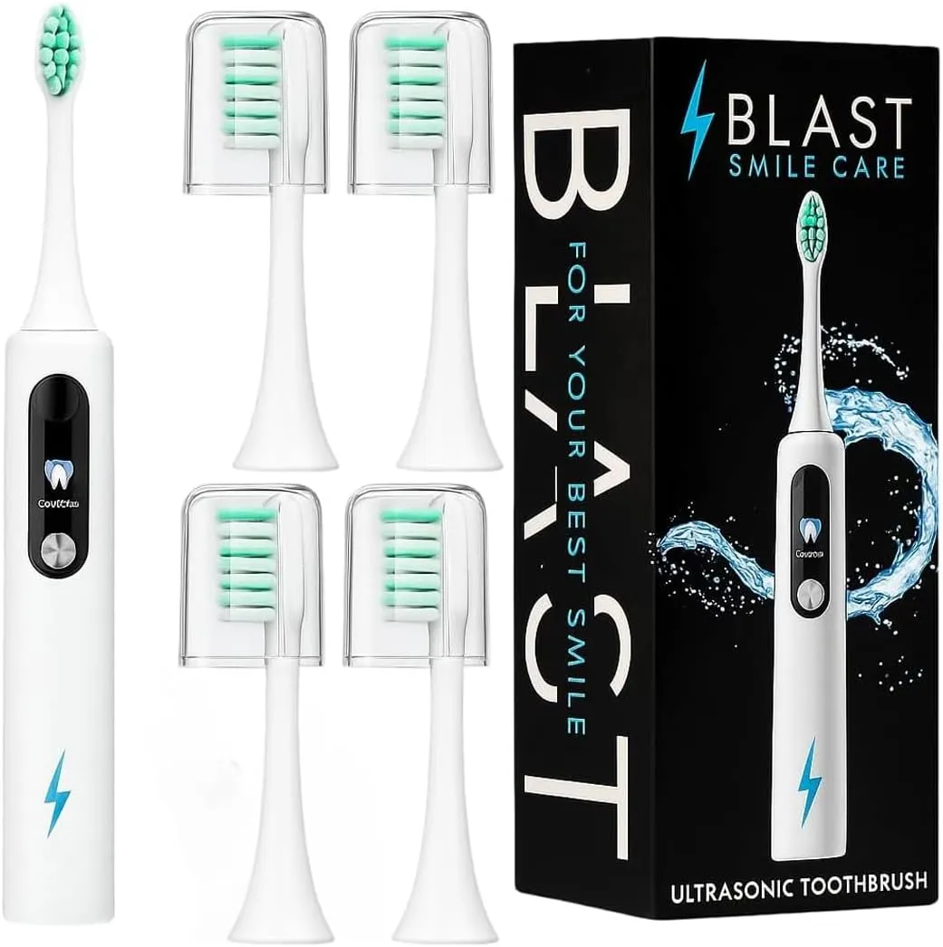 Blast Toothbrush Bundle – Rechargeable Toothbrush with Smart Timer   4 Brush Heads (2 Attached   2 Replacement) – Waterproof, Gentle, Effective Oral Care Set