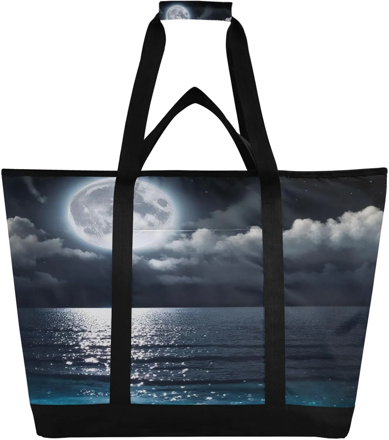 Blue Ocean Moon Reusable Insulated Lunchbox Cooler Bag, Leakproof Kitchen Grocery Bag Collapsible Portable Cooler Tote Bag for Picnic, Camping, Office, Travel