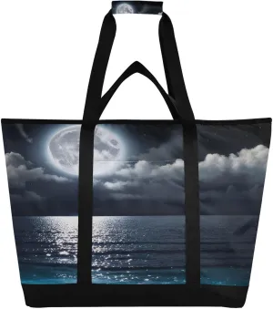 Blue Ocean Moon Reusable Insulated Lunchbox Cooler Bag, Leakproof Kitchen Grocery Bag Collapsible Portable Cooler Tote Bag for Picnic, Camping, Office, Travel