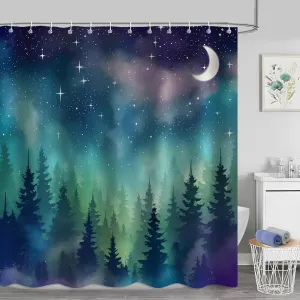 Blue Teal Misty Forest Shower Curtains, Moon Star Moonlit Goth Gothic Galaxy Shower Curtain Set, Aesthetic Art Fabric Bath Curtain for Bathroom Decor with Hooks 72X72 Inch