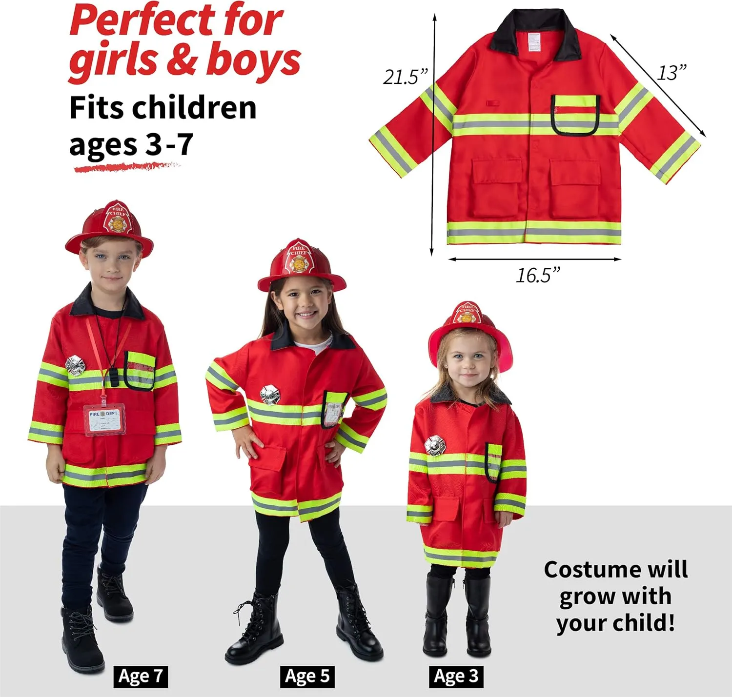 Born Toys 8 PC Premium Washable Kids Fireman Costume Toy for Kids,Boys,Girls,Toddlers, and Children with Complete Firefighter Accessories