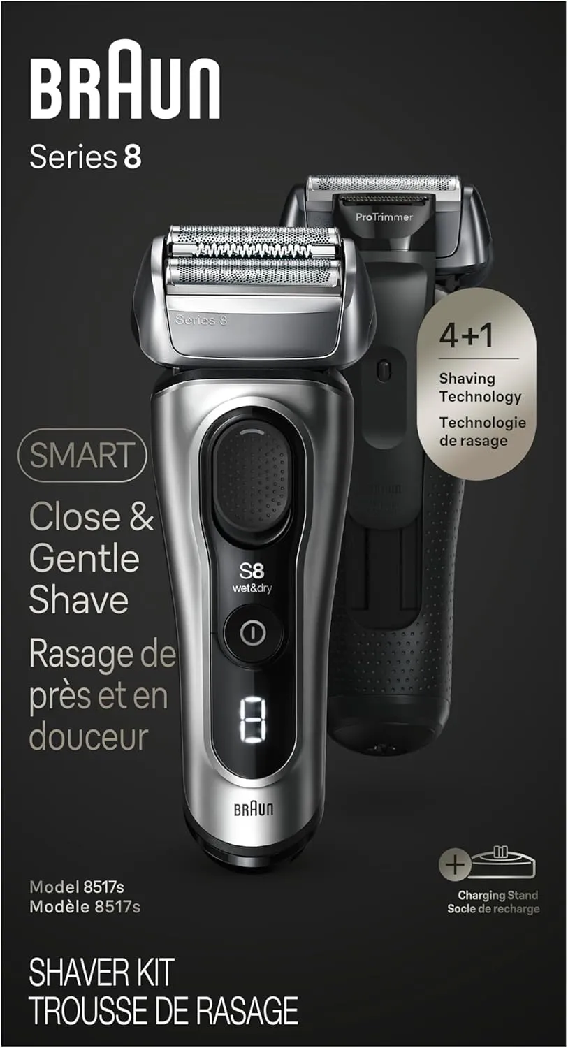Braun Series 8 Electric Razor for Men, with 4 1 Shaving Elements & Precision Long Hair Trimmer, Close & Gentle Even on Dense Beards, Wet & Dry Electric Razor with 60min Runtime, 8517s Galvano Silver