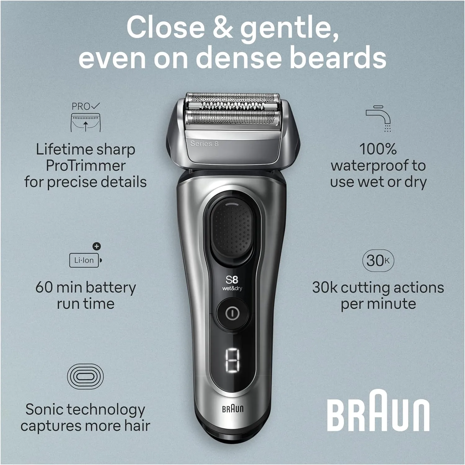 Braun Series 8 Electric Razor for Men, with 4 1 Shaving Elements & Precision Long Hair Trimmer, Close & Gentle Even on Dense Beards, Wet & Dry Electric Razor with 60min Runtime, 8517s Galvano Silver