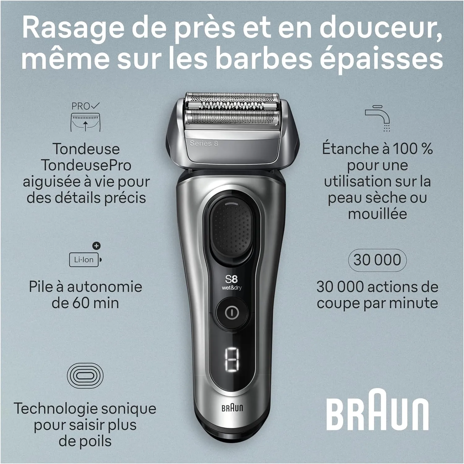 Braun Series 8 Electric Razor for Men, with 4 1 Shaving Elements & Precision Long Hair Trimmer, Close & Gentle Even on Dense Beards, Wet & Dry Electric Razor with 60min Runtime, 8517s Galvano Silver