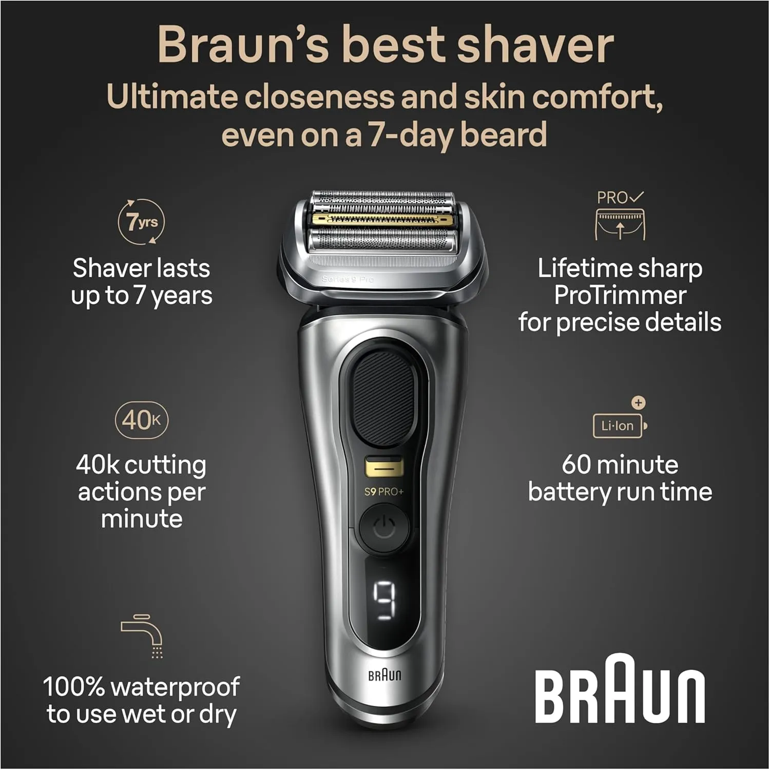 Braun Series 9 9517s PRO  Electric Razor for Men, 5 Pro Shave Elements & Precision Long Hair ProTrimmer, Charging Stand, Braun’s Best for Smooth Skin, Wet & Dry Electric Razor with 60min Runtime