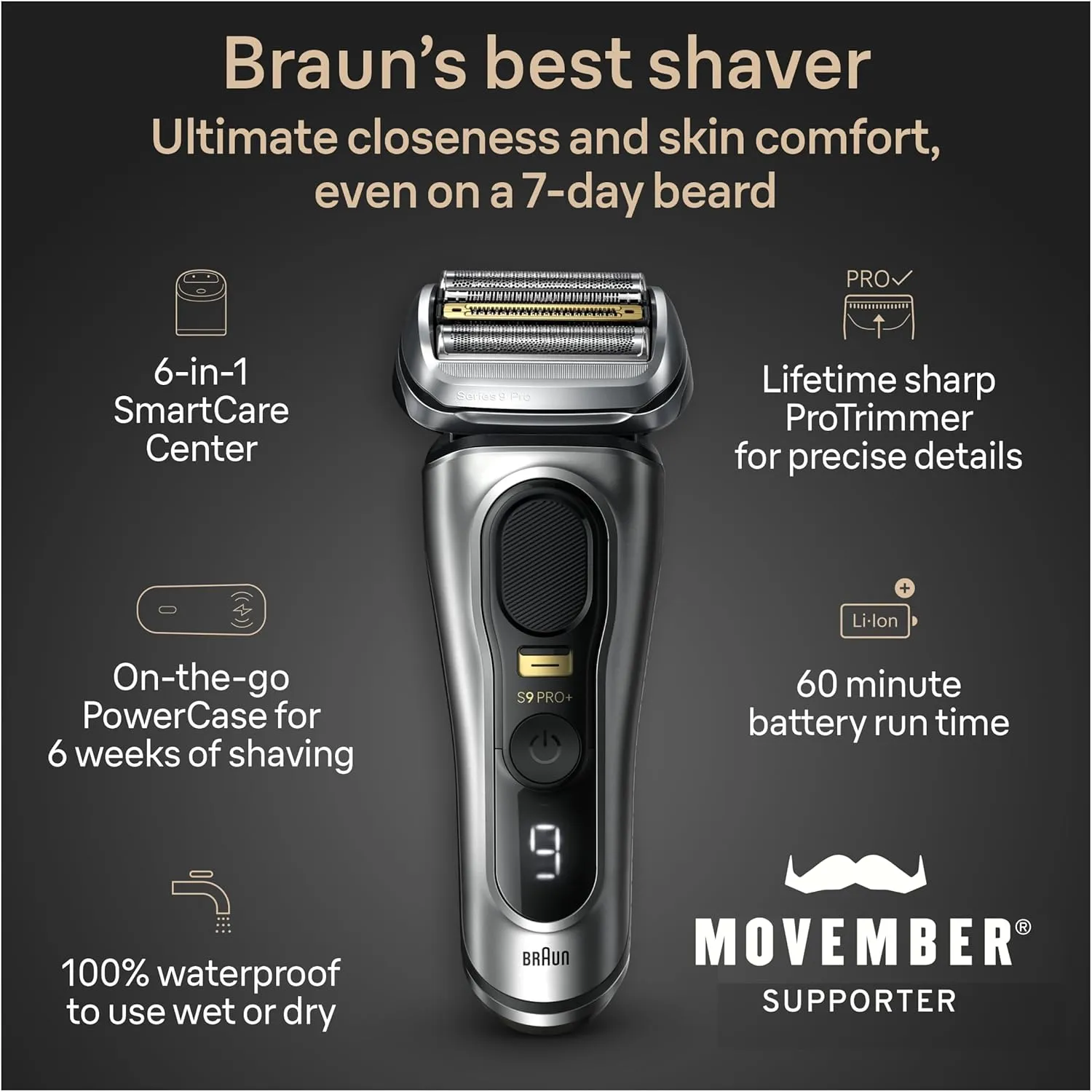 Braun Series 9 PRO  9577cc Electric Razor for Men, 5 Pro Shave Elements & Precision Long Hair Trimmer, 6in1 SmartCare Center, PowerCase for Mobile Charging, Wet & Dry, 60min Battery Runtime