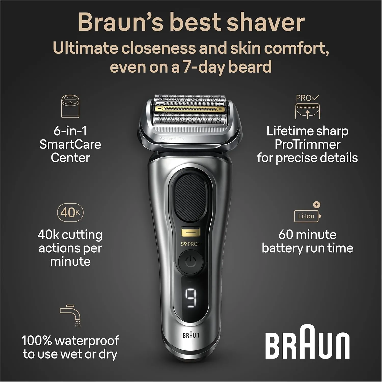 Braun Series 9 PRO  Electric Razor for Men, 5 Pro Shave Elements & Precision Long Hair Trimmer, 6in1 SmartCare Center, Wet & Dry Electric Razor for Smooth Skin with 60min Battery Runtime, 9567cc