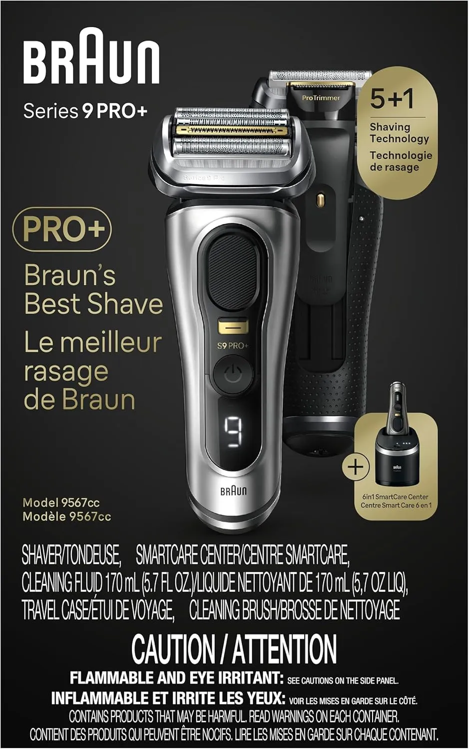 Braun Series 9 PRO  Electric Razor for Men, 5 Pro Shave Elements & Precision Long Hair Trimmer, 6in1 SmartCare Center, Wet & Dry Electric Razor for Smooth Skin with 60min Battery Runtime, 9567cc