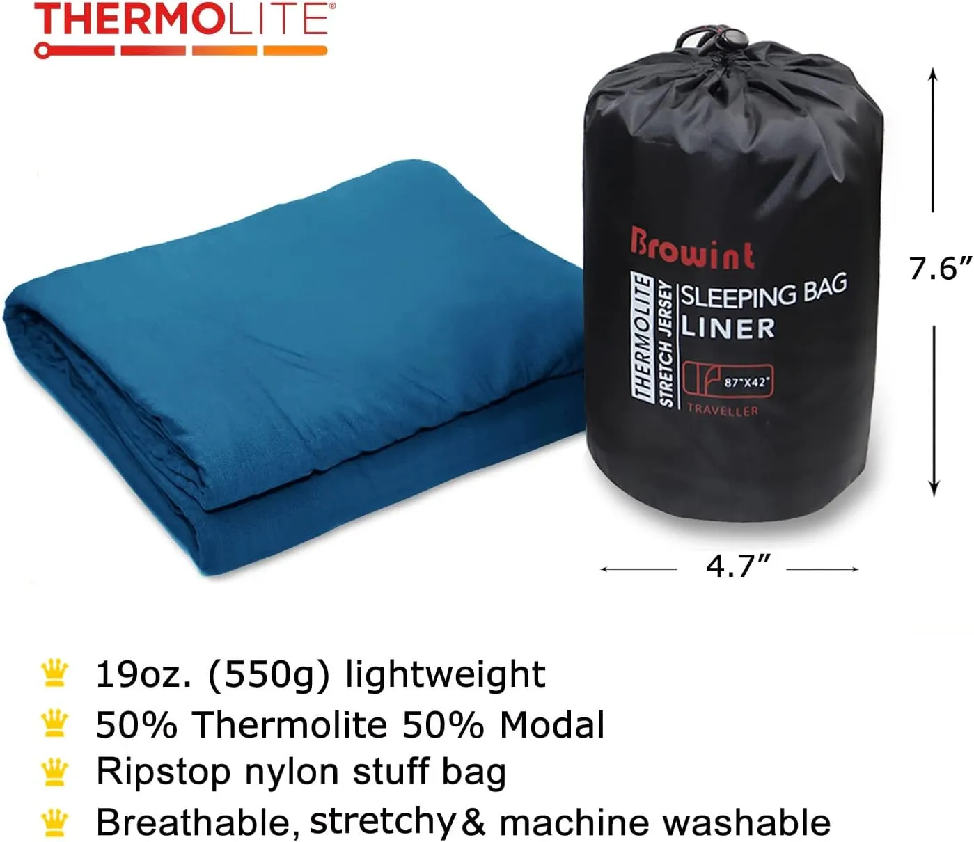 BROWINT Thermolite Sleeping Bag Liner with Zippers for Cold Weather, Lightweight Mummy with Hood & Rectangular Sleep Sack for Adult, Adds Warmth, Thermal Travel Liner, All Season