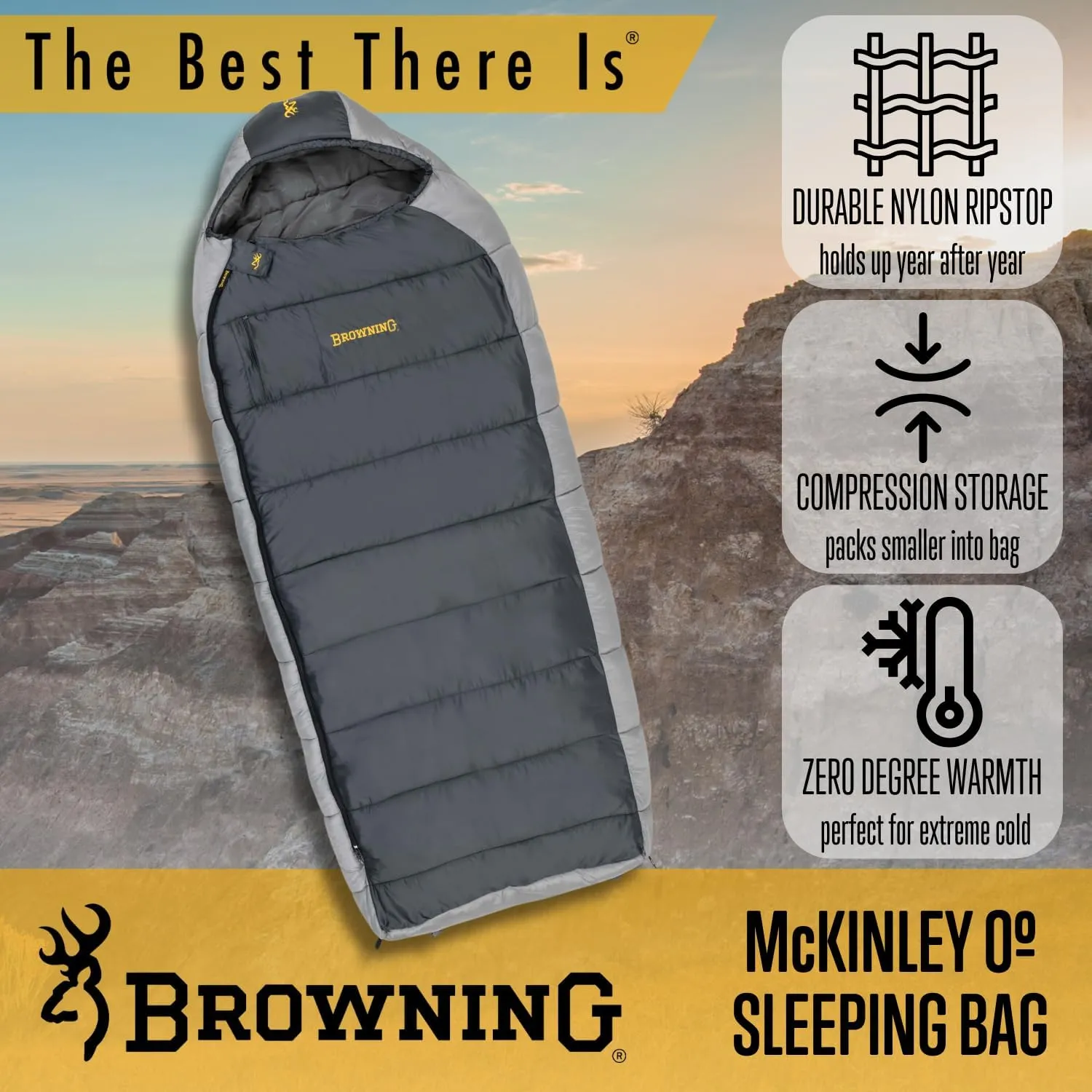 Browning McKinley 0° Sleeping Bag - Oversize Insulated Hooded Rectangle Made with Ripstop Outer and Brushed Polyester Liner, with Compression Stuff Sack